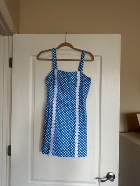Lilly Pulitzer Blue and White Gingham Strap Romper with Button Trim
